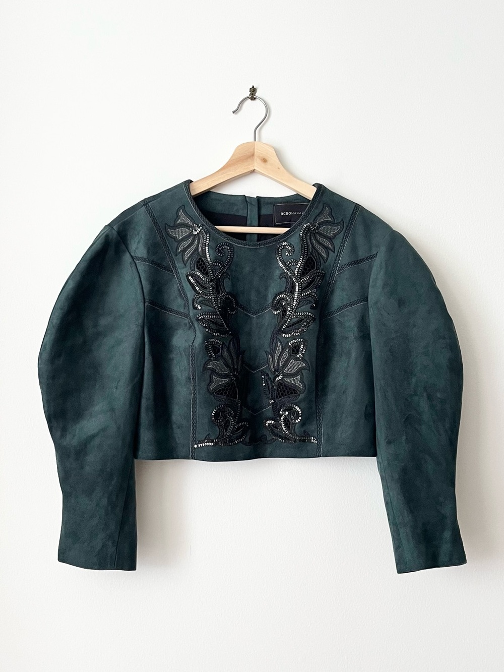 BCBG MaxAzria Women's Faux Suede Cropped Top Green Size L Sequins Puff Sleeves